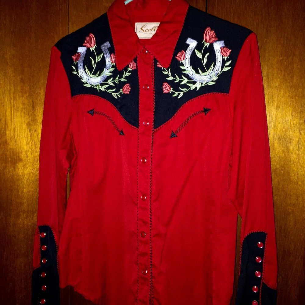 Scully Ladies Red/Black Western Snap Shirt - Horseshoes & Roses - Size Medium